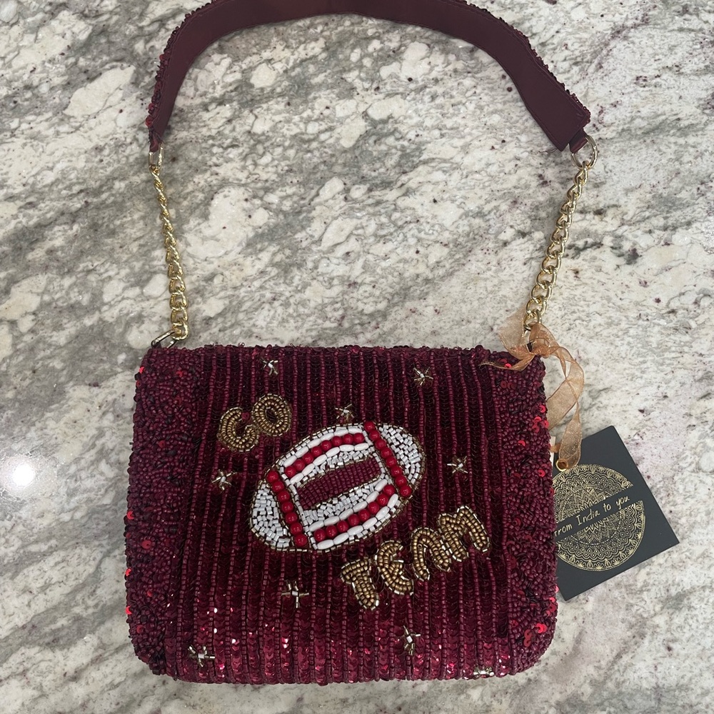 VIRAL TIK-TOK “GO TEAM” MAROON FOOTBALL BEADED SHOULDER BAG, NEW